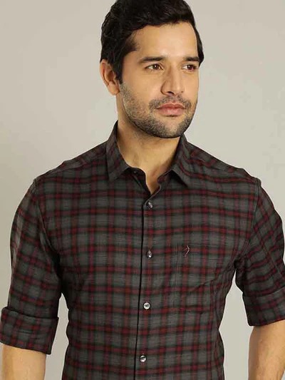 Indian Terrain Men's Slim Fit Full Sleeve Checkered Grey Shirt